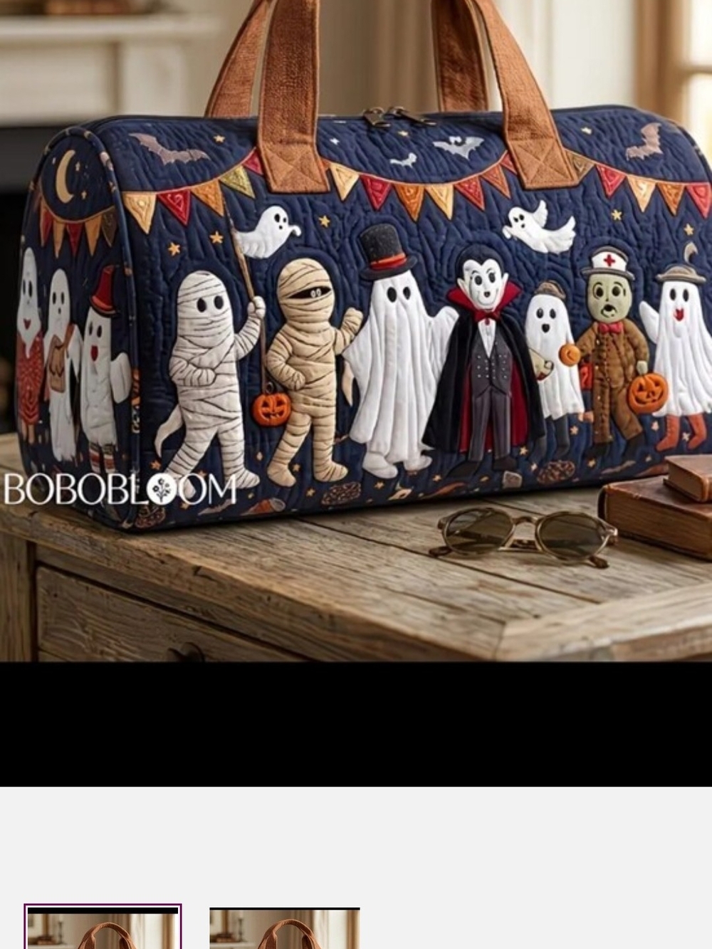 bloom Navy Quilted Halloween Kids Costume Duffle Bag with Tan Handles